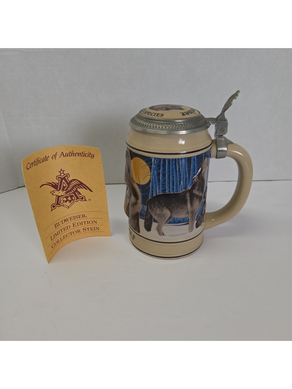 Vintage Budweiser Stein Endangered Species Series Gray Wolf Ceramic Beerstein 93